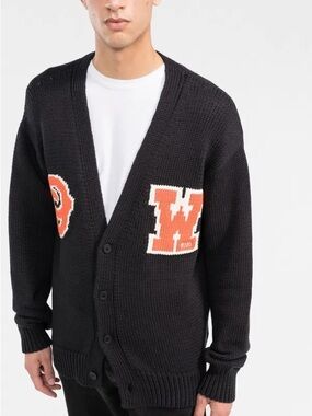 OFF WHITE  logo-intarsia Cardigan Sweater with Orange Letterman